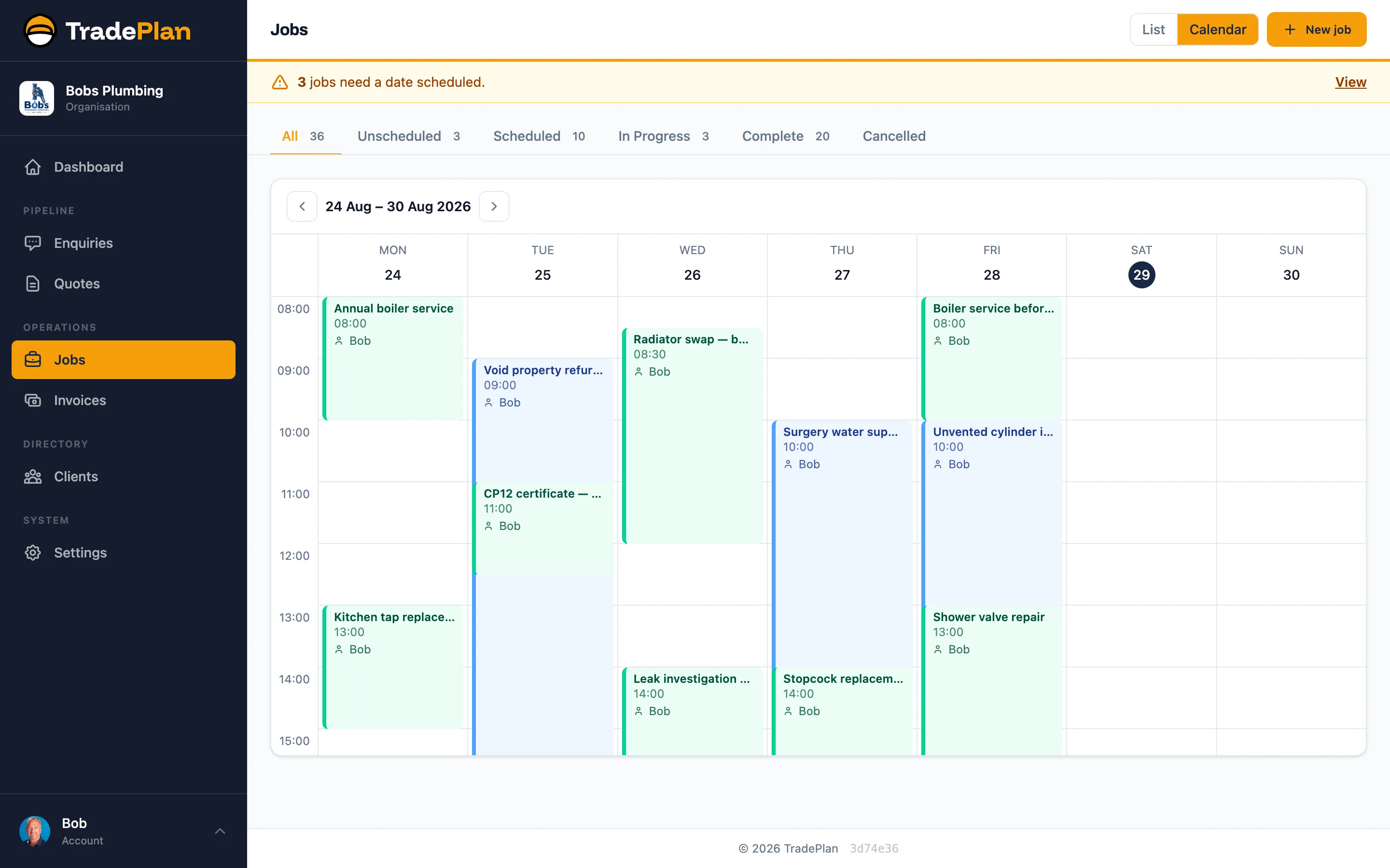 TradePlan's week calendar showing boiler services, a CP12 certificate and a multi-day void property refurbishment.
