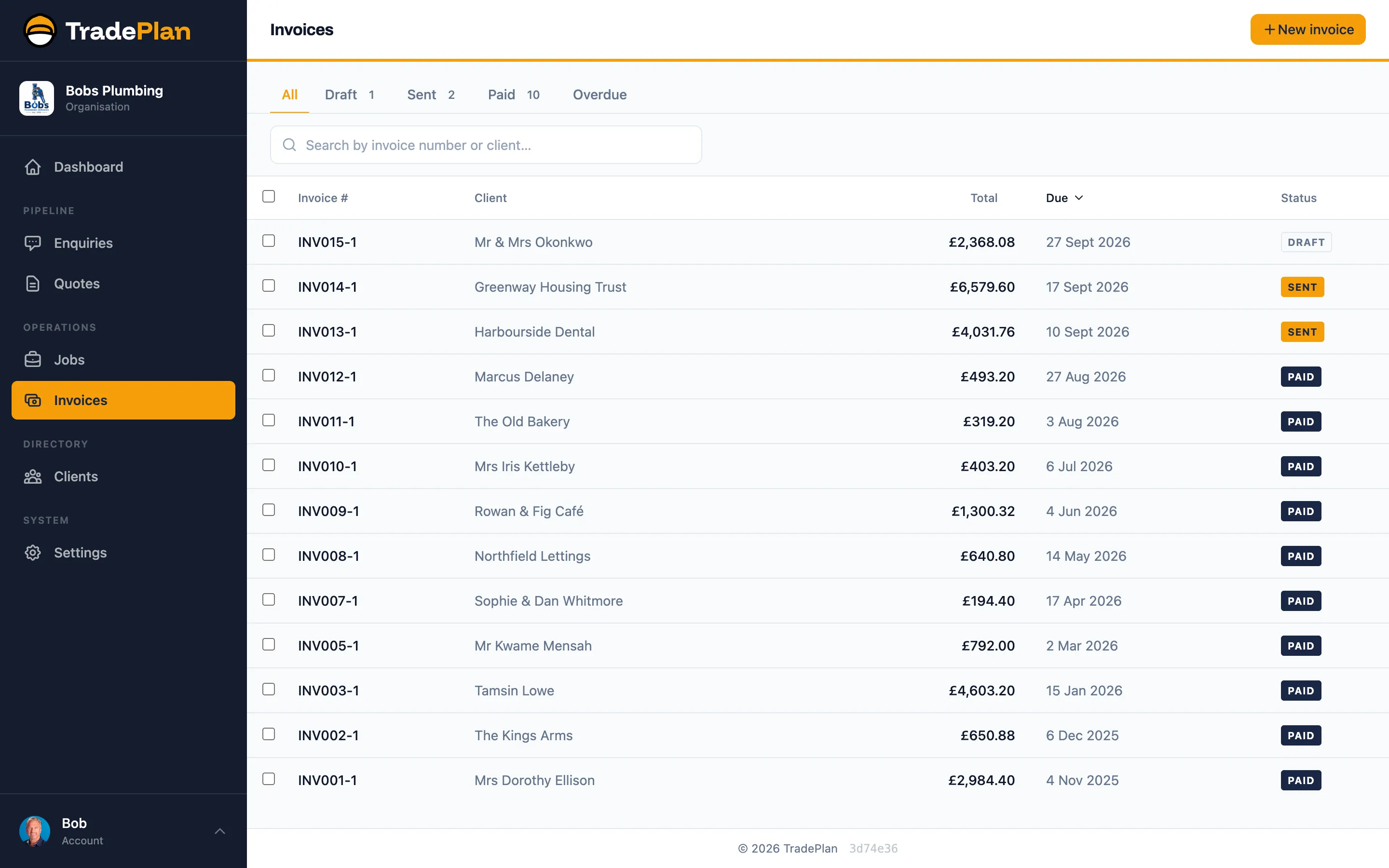 A TradePlan invoice list showing paid, sent and draft invoices with due dates and totals.