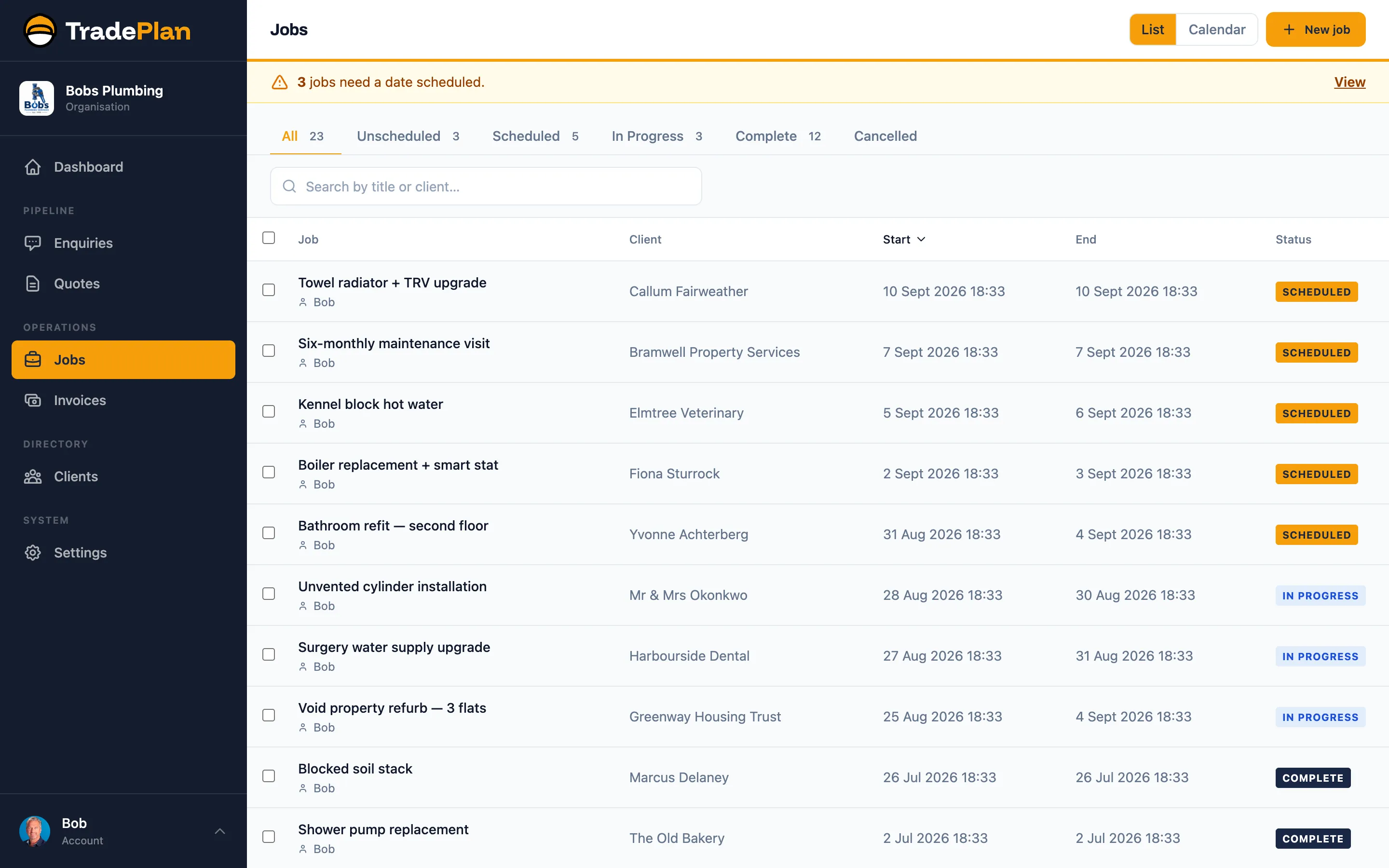 TradePlan jobs list.