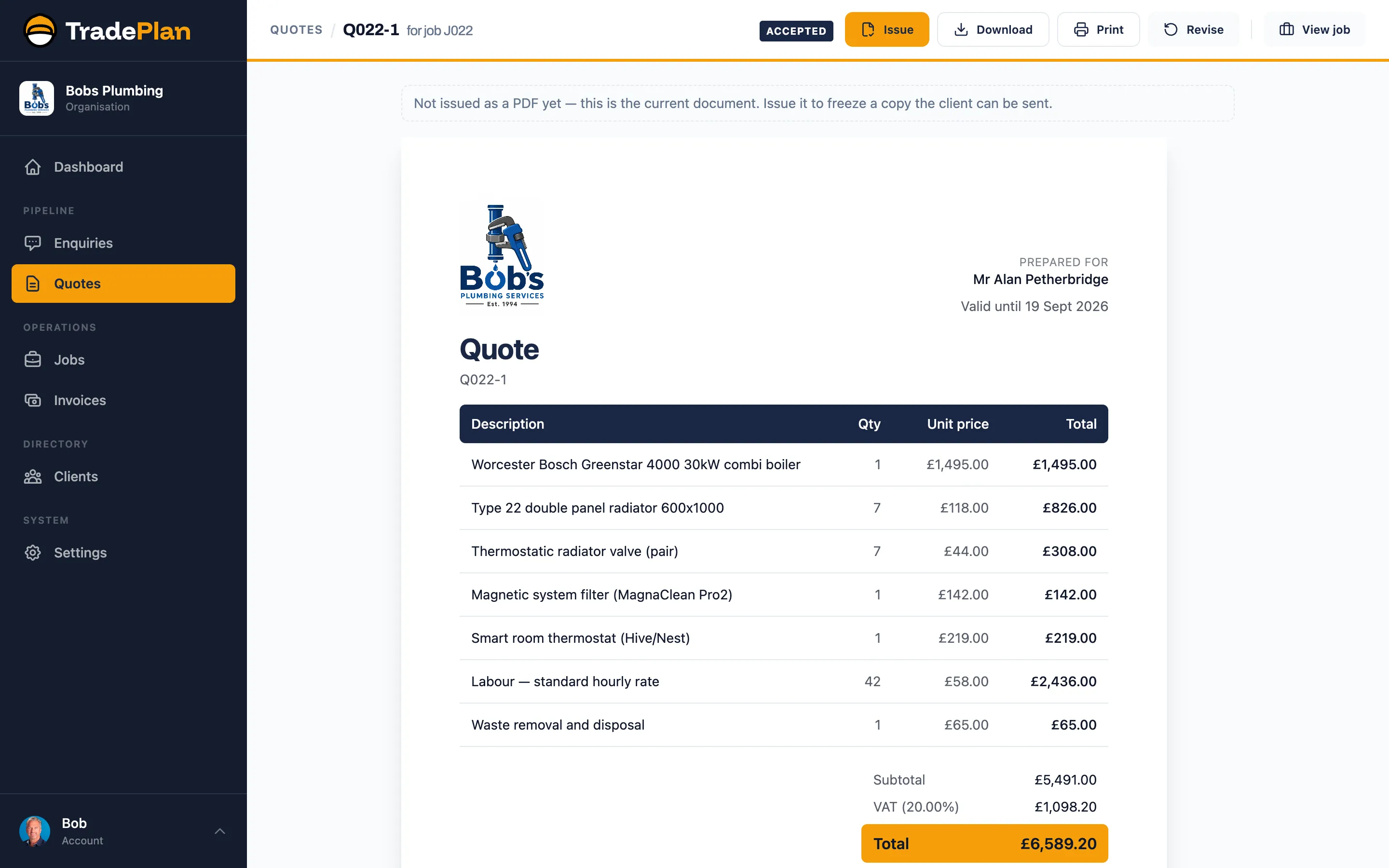 A branded TradePlan quote for a full central heating system, itemised with VAT and a £6,589.20 total.