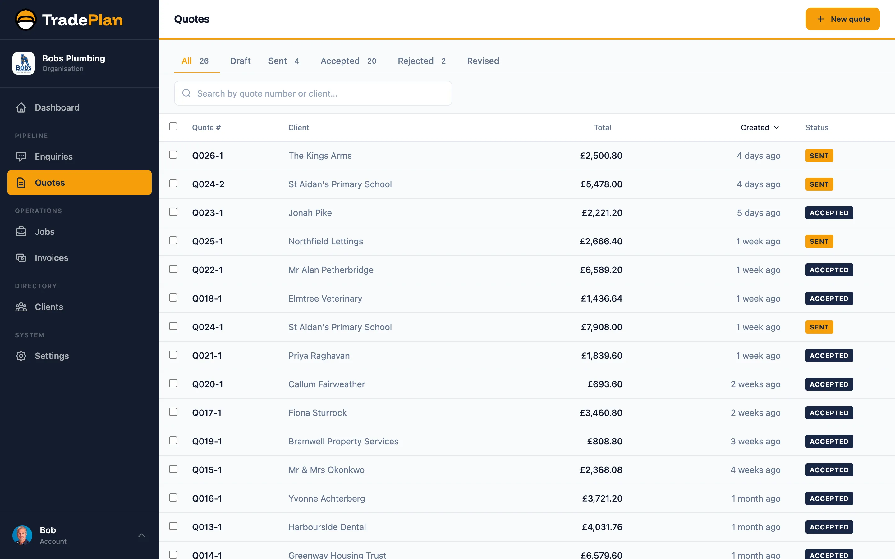 A TradePlan quote list filtered by status, showing sent and accepted quotes with totals.