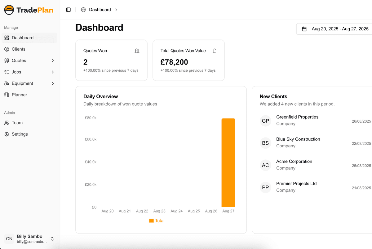 TradePlan Dashboard for Gas Engineers