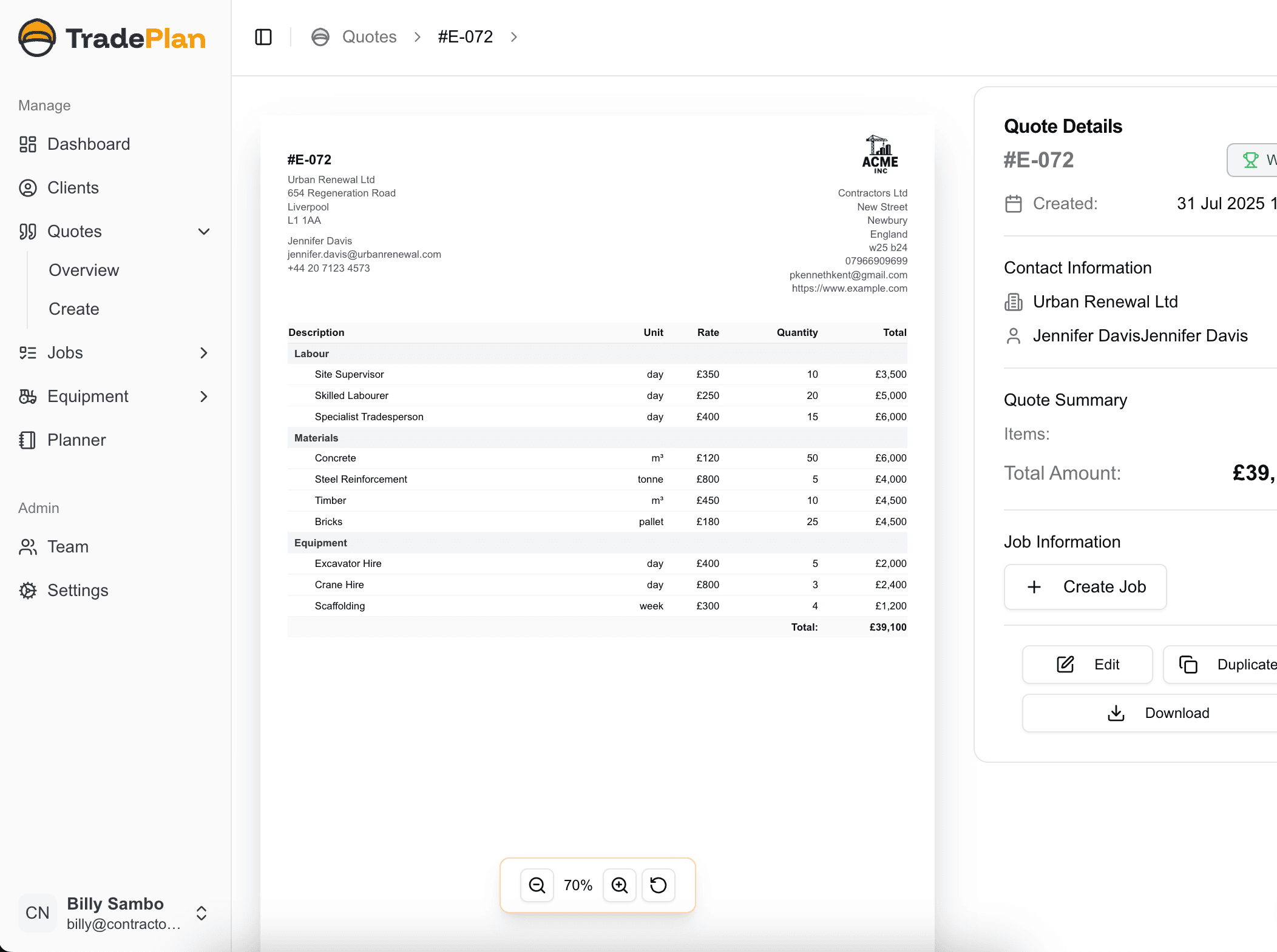 Quote management for builders